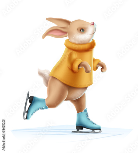Cartoon style vector icon. Cute rabbit in sweater on ice scates.