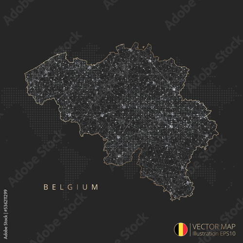 Belgium map abstract geometric mesh polygonal light concept with black and white glowing contour lines countries and dots on dark background. Vector illustration eps10