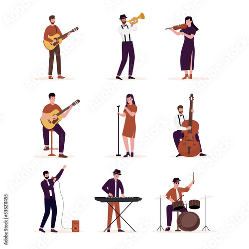 Flat design of artists playing music instruments illustrations set. Illustration for websites, landing pages, mobile applications, posters and banners. Trendy flat vector illustration