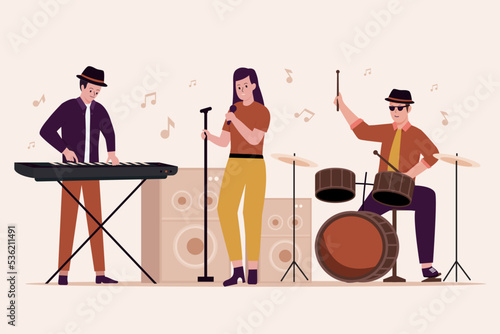 Flat design of music band performance on stage. Illustration for websites, landing pages, mobile applications, posters and banners. Trendy flat vector illustration