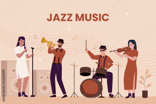 Flat design of jazz band group on stage. Illustration for websites, landing pages, mobile applications, posters and banners. Trendy flat vector illustration