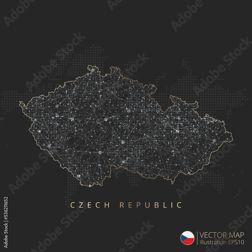 Czech Republic map abstract geometric mesh polygonal light concept with black and white glowing contour lines countries and dots on dark background. Vector illustration eps10
