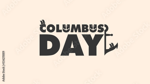 HAPPY COLUMBUS DAY Greeting card. Blue caravel on circle with blue waves and USA flags in the form of waves with the world map in gray colors with a compass in the background. Vector image