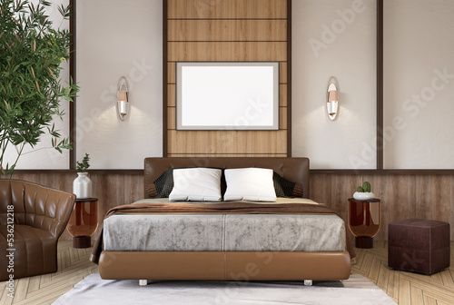 Fototapeta Naklejka Na Ścianę i Meble -  3D illustration Mockup photo frame in bedroom, rendering
