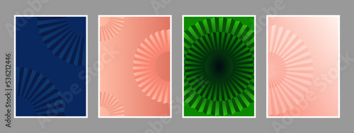 Set of geometric abstract cover background. Abstract folding fan or paper folding in dark blue, coral pink and green color.Vector illustration. Modern pattern for brochure cover template design.