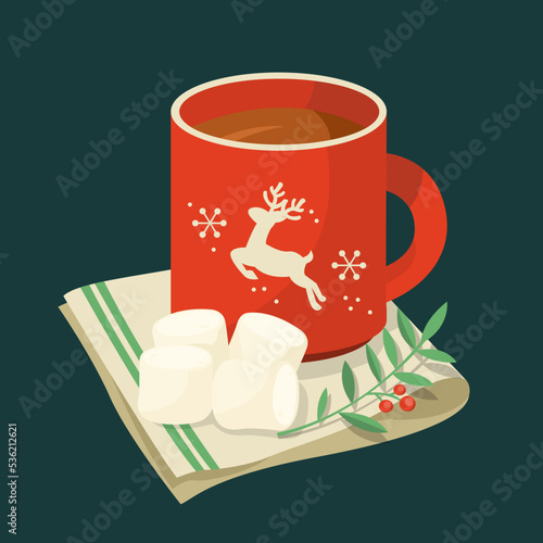 red chriistmas mug of hot coco with marshmallo photo