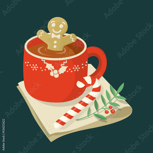 red christmas cup of hot coco with gingerbread and candy cane
