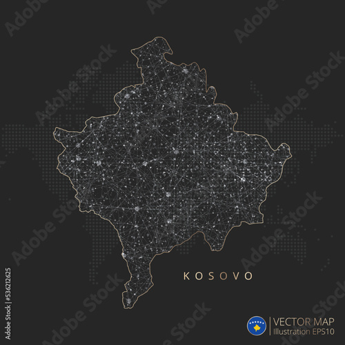 Kosovo map abstract geometric mesh polygonal light concept with black and white glowing contour lines countries and dots on dark background. Vector illustration eps10