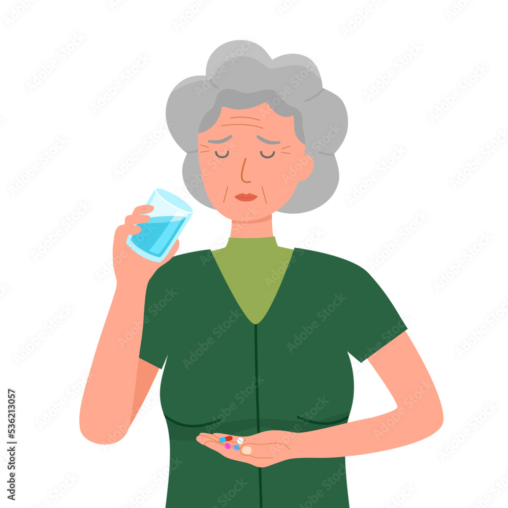 Senior woman taking medicine for illness treatment. Old woman take vitamin or supplement capsule pill with water.