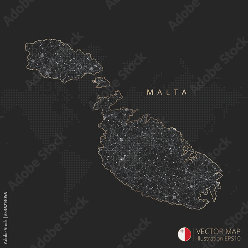 Malta map abstract geometric mesh polygonal light concept with black and white glowing contour lines countries and dots on dark background. Vector illustration eps10