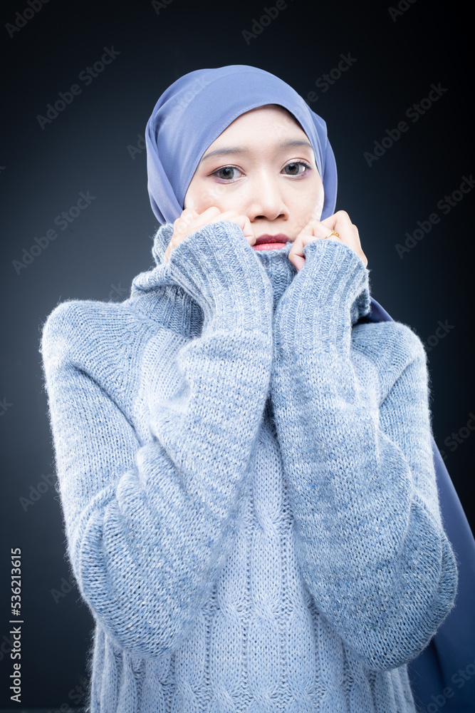 Portrait of a beautiful female model wearing hijab, a lifestyle apparel for Muslim women isolated on brown background. Idul Fitri and hijab fashion concept. Isolated on dark background Portrait of a beautiful female model wearing hijab, a lifestyle apparel for Muslim women isolated on brown background. Idul Fitri and hijab fashion concept. Isolated on dark background