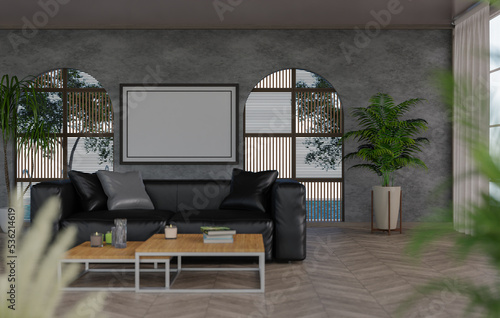 3D mockup blank photo frame in living room rendering