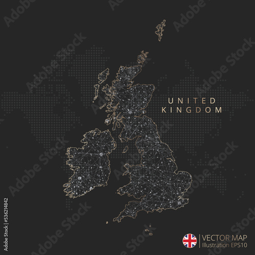 United Kingdom map abstract geometric mesh polygonal light concept with black and white glowing contour lines countries and dots on dark background. Vector illustration eps10
