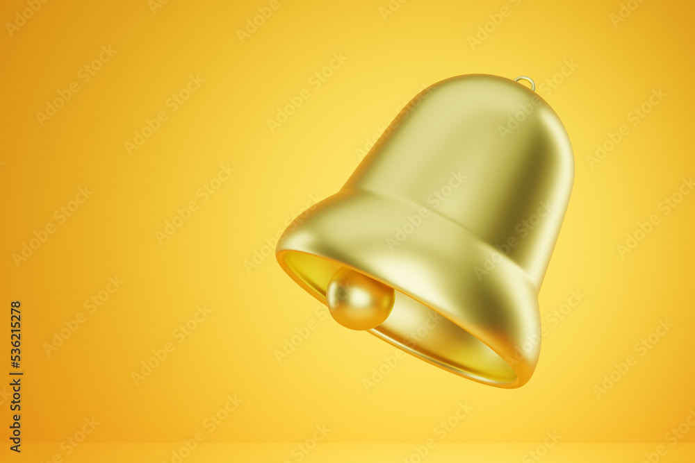 3d rendering of golden bell icon illustration isolated on yellow background. Suitable for website and social media illustrations, notifications, announcements, communications. 3d rendering of golden bell icon illustration isolated on yellow background. Suitable for website and social media illustrations, notifications, announcements, communications.