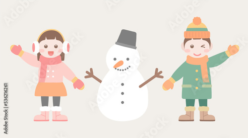 겨울 어린이와 눈사람 캐릭터 일러스트 이미지