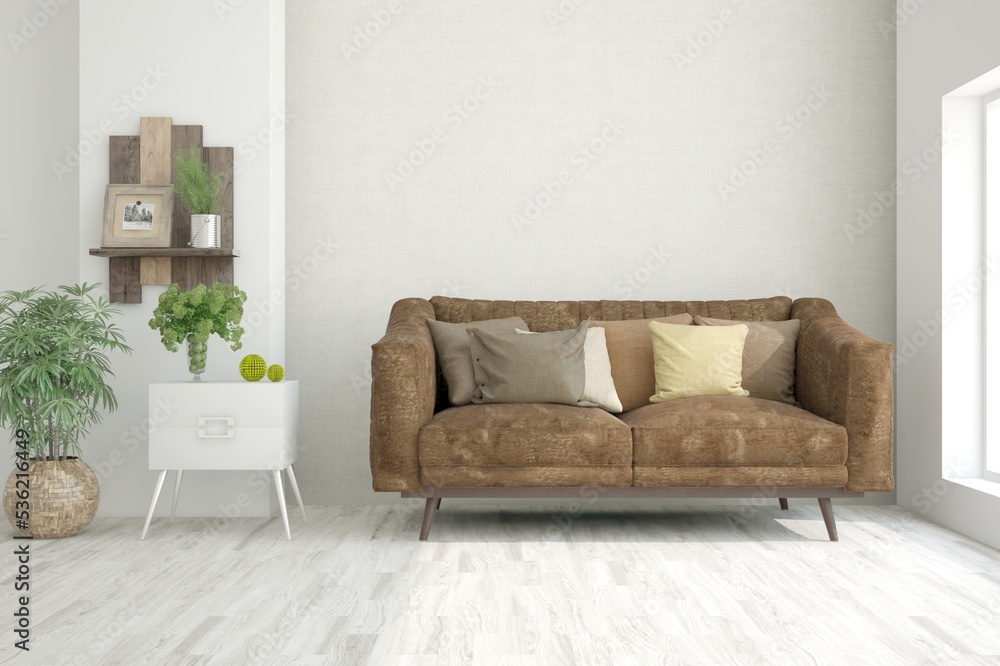 Fototapeta premium White living room with sofa. Scandinavian interior design. 3D illustration