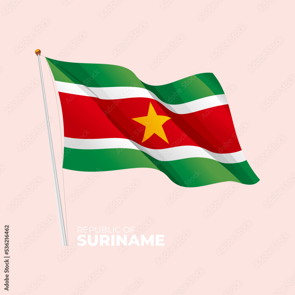 Naklejka premium Suriname national flag waving at the flagpole. Vector 3D