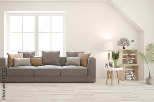 White living room with sofa. Scandinavian interior design. 3D illustration