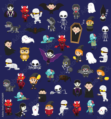 Halloween Characters Various Cute Cartoon Dracula Vampire Bat Owl Mummy Skeleton Devil Werewolf Zombie Ghost