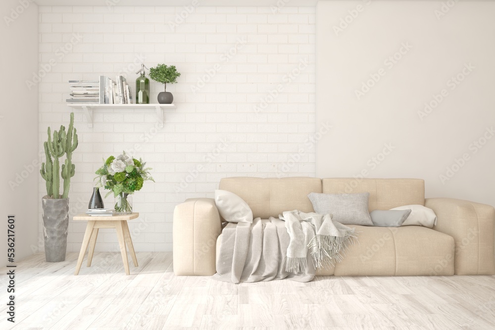Fototapeta premium White living room with sofa. Scandinavian interior design. 3D illustration