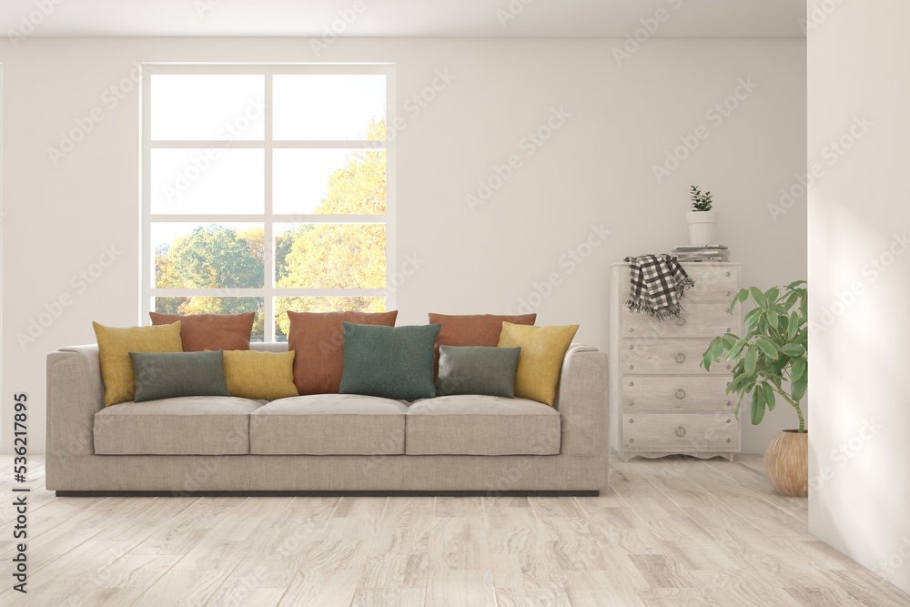 Stylish room in white color with sofa and autumn landscape in window. Scandinavian interior design. 3D illustration Stylish room in white color with sofa and autumn landscape in window. Scandinavian interior design. 3D illustration
