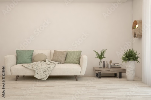 Stylish room in white color with sofa. Scandinavian interior design. 3D illustration