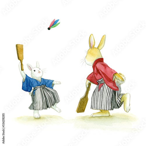 Fotografie Two rabbits playing Japanese battledore and shuttlecock