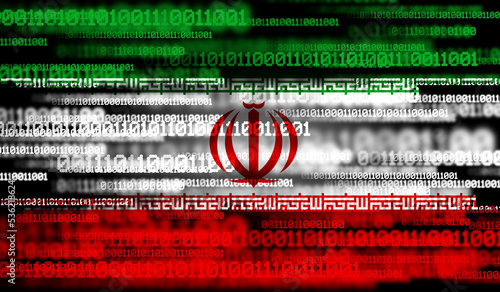 Flag of Iran on binary code. Modern technology concept.
