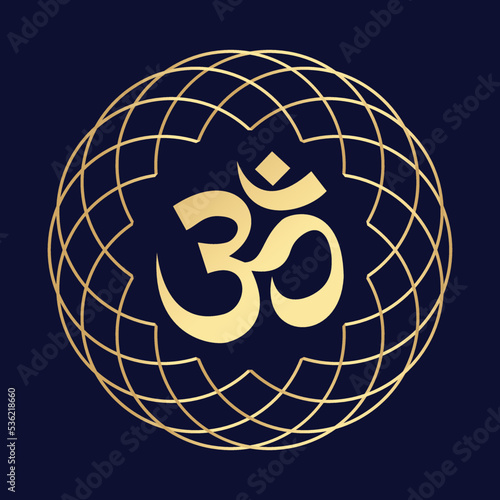 Om Hindu Symbol in Geometric circle Golden Color Printable Can be used for Poster, Banner, Sticker, wall of Temple, House etc. 