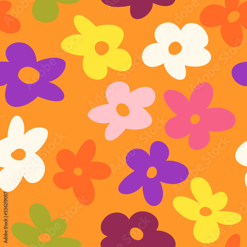 Colorful seamless pattern with vintage vector groovy flowers. Modern floral silhouettes. Retro abstract surface pattern design for textile print  stationery  wrapping paper