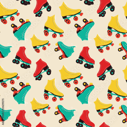 Seamless pattern with Retro roller skates icon hipster style. Modern vintage. Vector illustration