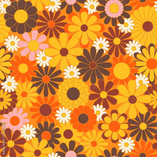 Retro abstract surface pattern design for textile print, stationery, wrapping paper. Colorful seamless pattern with vintage vector groovy flowers. Geometric floral silhouettes.