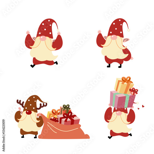 Set of gnomes character with red santa and reindeer suit celebrating for Christmas flat vector illustration isolated on white background. Merry Christmas and Happy New Year.