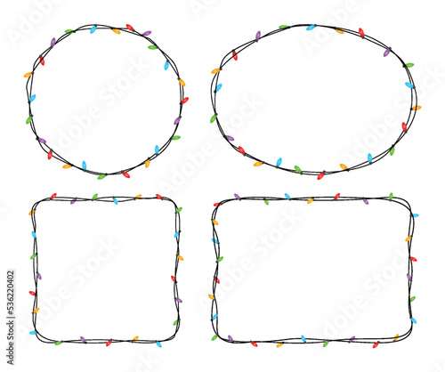 Christmas lights and string border isolated on white background. Christmas lights frame with space for text.
