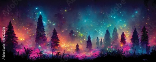 Fantasy landscape, magical night, fairy tale forest. Digital art, ai artwork, background or wallpaper photo