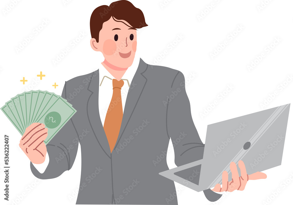 Man working and holding money with a laptop. Man working and holding money with a laptop.