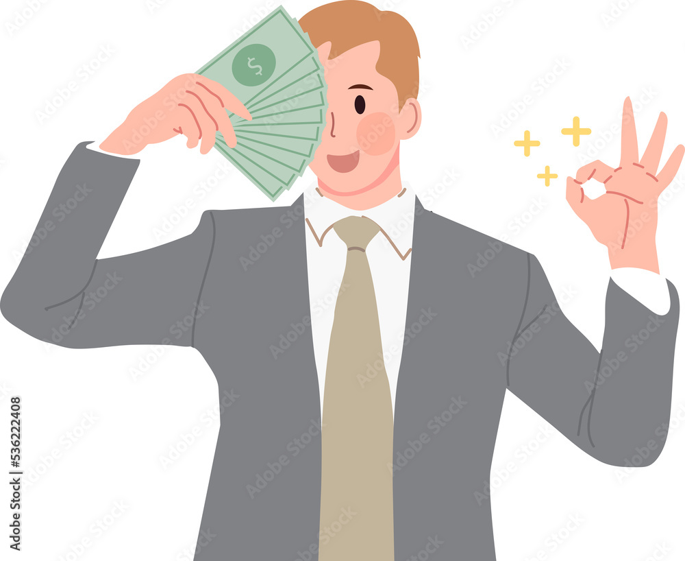 Businessman make okay gesture and smiling with cash. Businessman make okay gesture and smiling with cash.