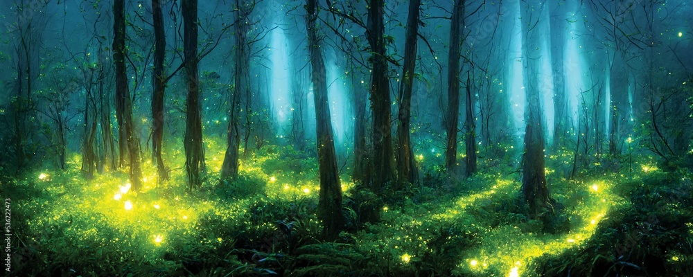 custom made wallpaper toronto digitalMagical night forest, green fireflies, fairytale background or wallpaper