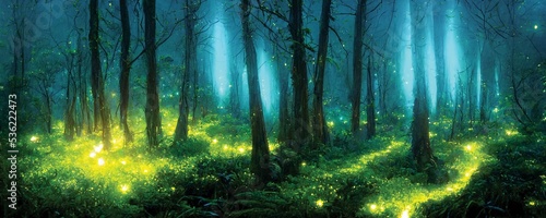 Magical night forest, green fireflies, fairytale background or wallpaper photo