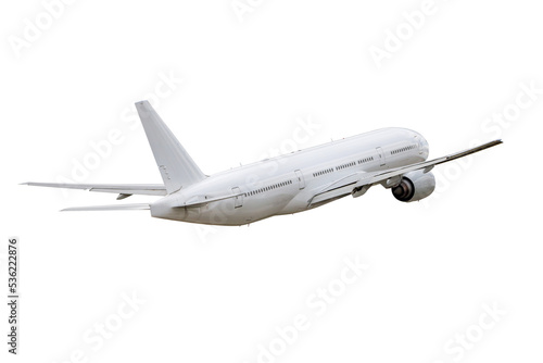 White wide body passenger airliner flying isolated on transparent background