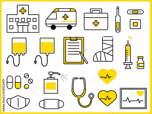 病院、医療機器、薬などイラストアイコンセット（黄色）