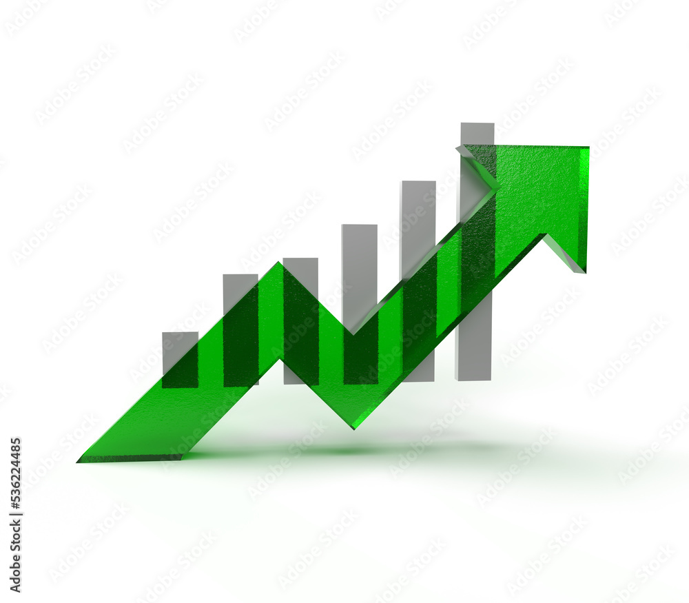 Fototapeta premium Green glass effect arrow and graph. Growing business concept.3D rendering.