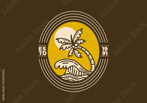 Retro art illustration of a beach waves and coconut tree