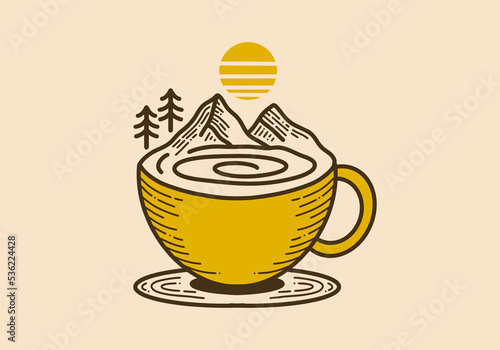 Retro coffee cup and mountain illustration design