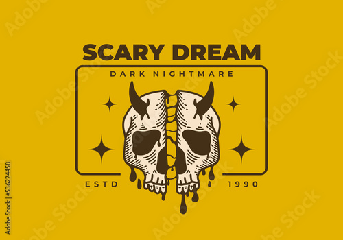 Vintage scary split skull illustration design