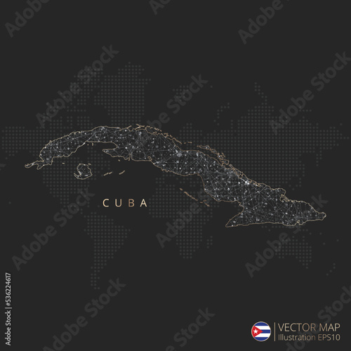 Cuba map abstract geometric mesh polygonal light concept with black and white glowing contour lines countries and dots on dark background. Vector illustration