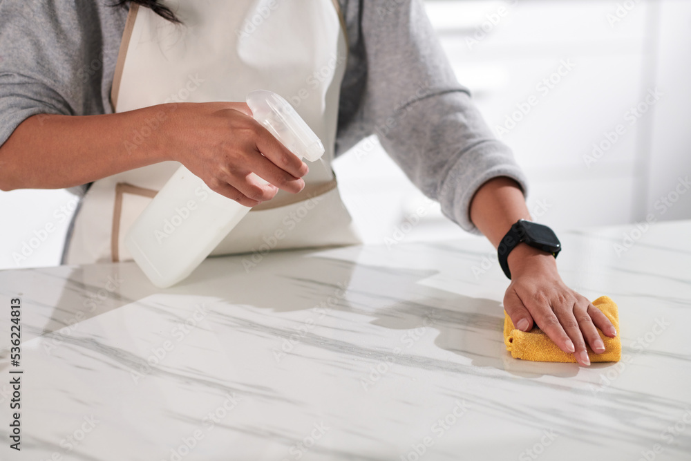 Woman cleaning table with spray