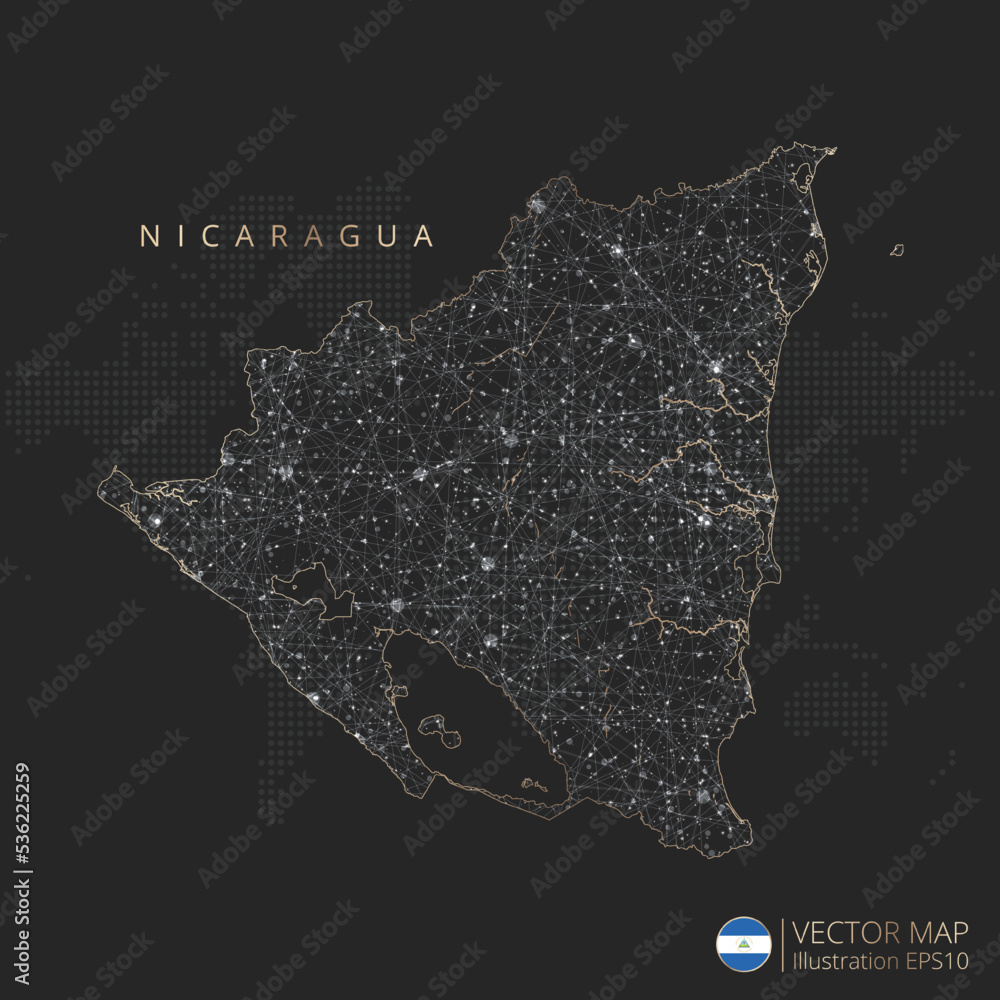Nicaragua map abstract geometric mesh polygonal light concept with black and white glowing contour lines countries and dots on dark background. Vector illustration