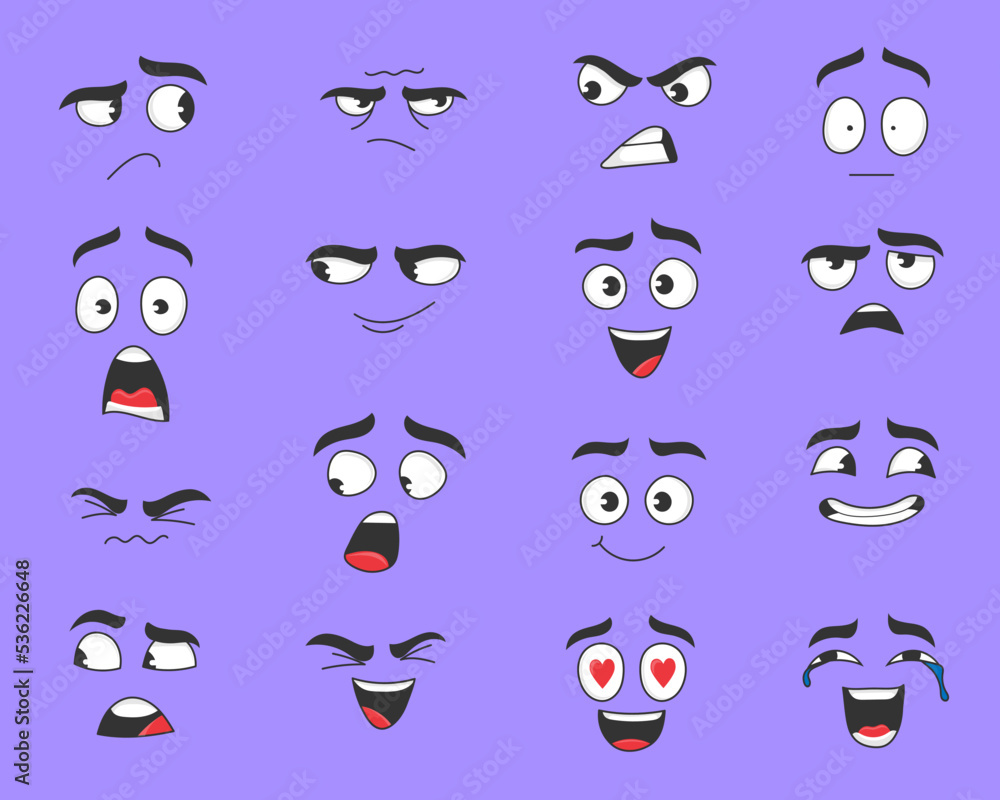 Different expressions of cartoon face vector illustrations set. Cute, funny, angry, happy, smiling comic faces with eyes and mouth isolated on purple background. Emotions concept for character design Different expressions of cartoon face vector illustrations set. Cute, funny, angry, happy, smiling comic faces with eyes and mouth isolated on purple background. Emotions concept for character design
