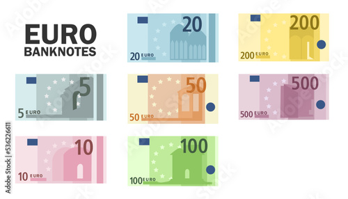 Simple icons of euro banknotes for wallet isolated on white background. Cartoon money of bank in Europe flat vector illustration set. Cash of denomination of 5, 10, 20, 50, 100, 200, 500 euro notes